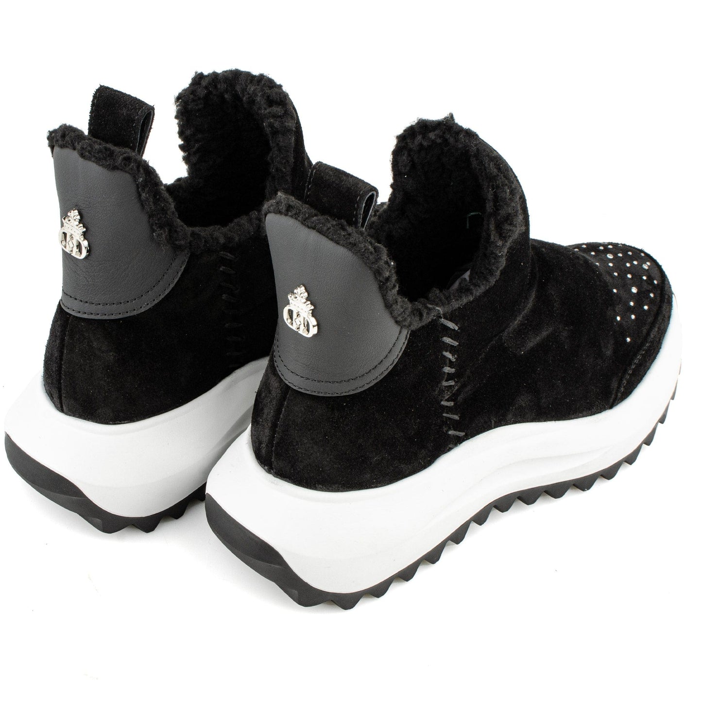 DARIS ДАМСКИ ОБУВКИ Дамски велурени боти в черно с вълнена подпалата и камъни I001