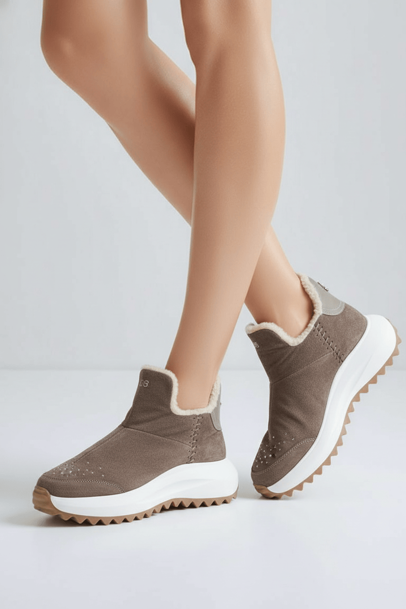 DARIS ДАМСКИ ОБУВКИ Дамски велурени боти в бежово с вълнена подпалата и камъни I001