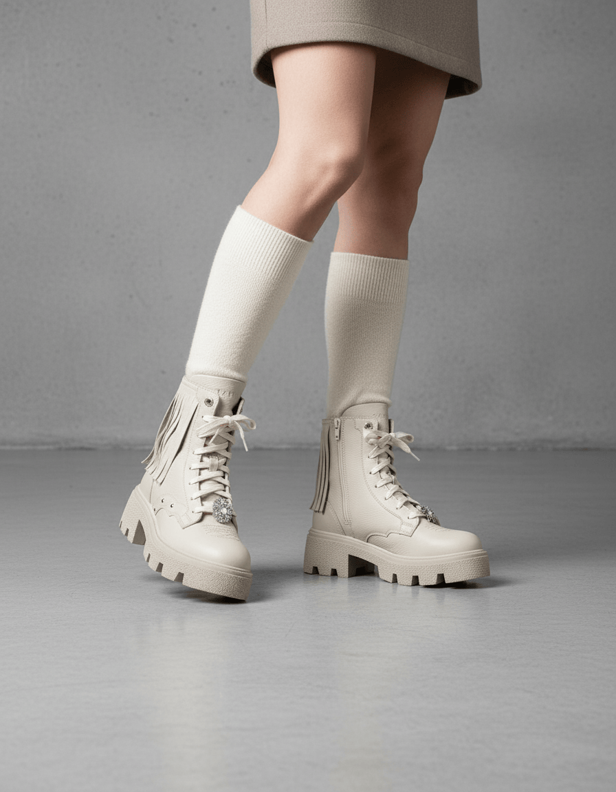 DARIS ДАМСКИ ОБУВКИ Дамски кожени боти в бежово с цип и връзки w628