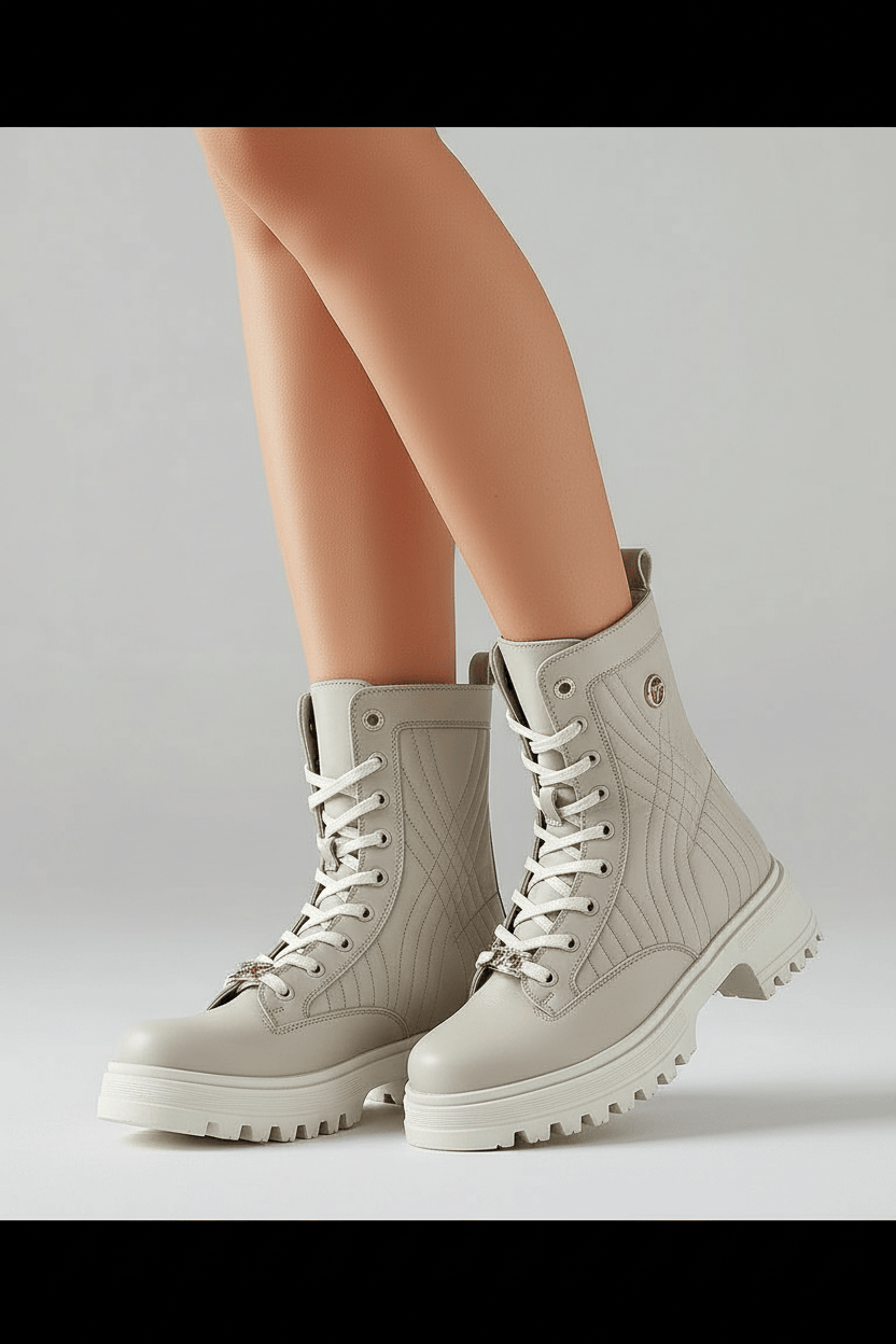 DARIS ДАМСКИ ОБУВКИ Дамски кожени боти с цип и връзки в бежово w638