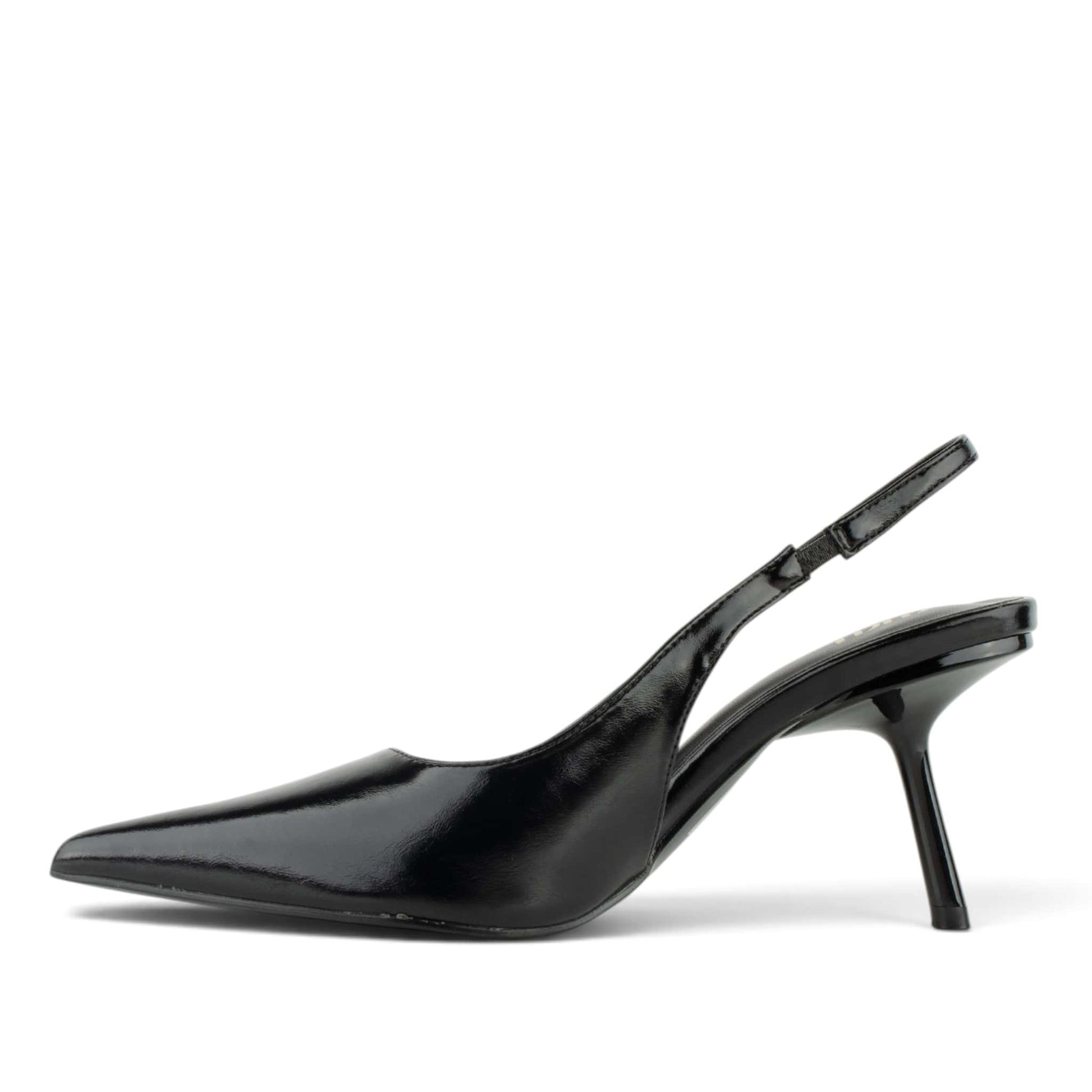 Елегантна черна обувка с ластична каишка и тънък ток – вътрешен профил