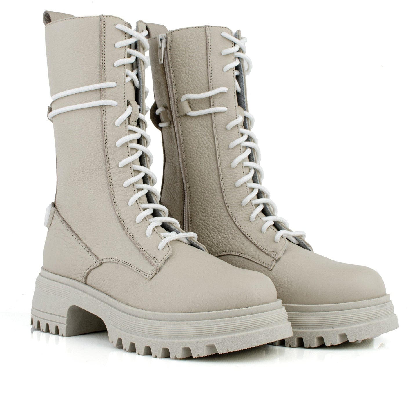 DARIS ДАМСКИ ОБУВКИ Дамски кожени боти с цип и връзки в бежово B002