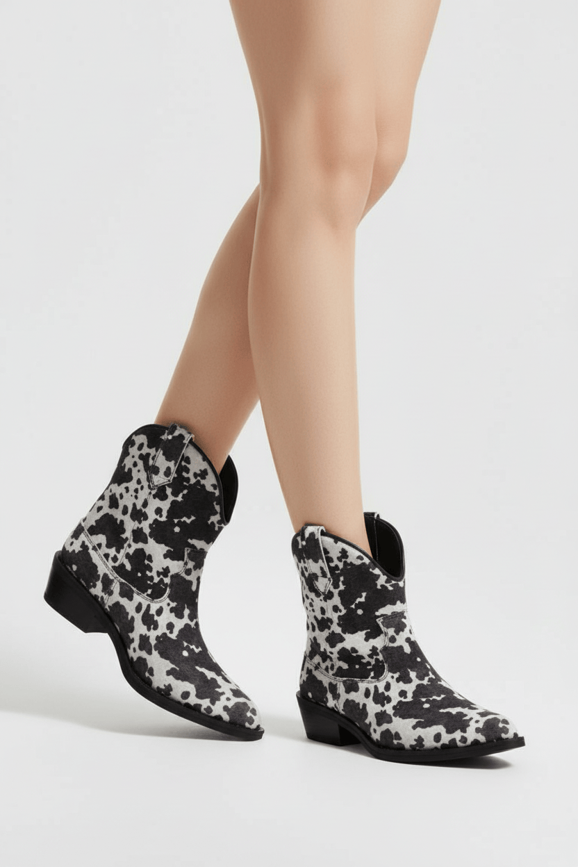 DARIS ДАМСКИ ОБУВКИ Дамски велурени боти с петнист принт в черно и бяло COW