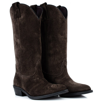 DARIS ДАМСКИ ОБУВКИ Дамски велурени уестър ботуши в тъмнокафяв цвят E2851