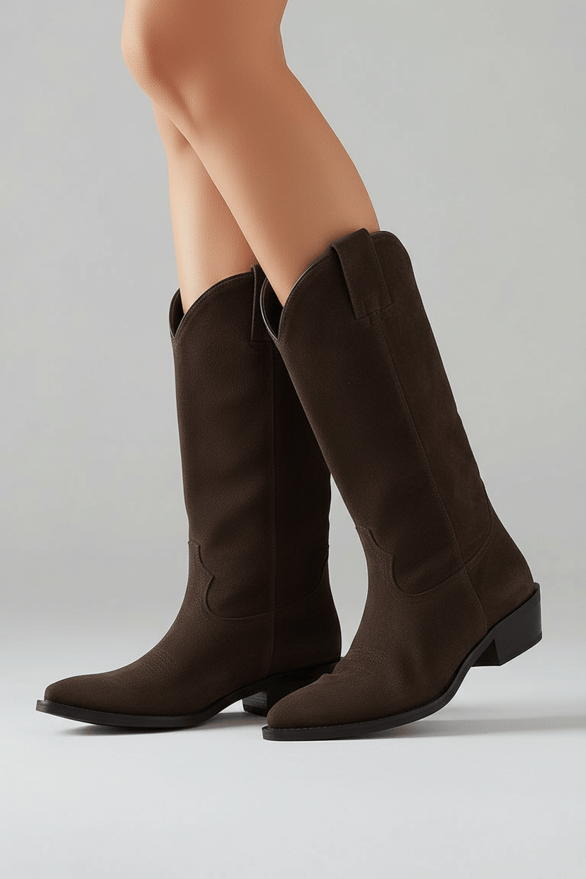 DARIS ДАМСКИ ОБУВКИ Дамски велурени уестър ботуши в тъмнокафяв цвят E2851