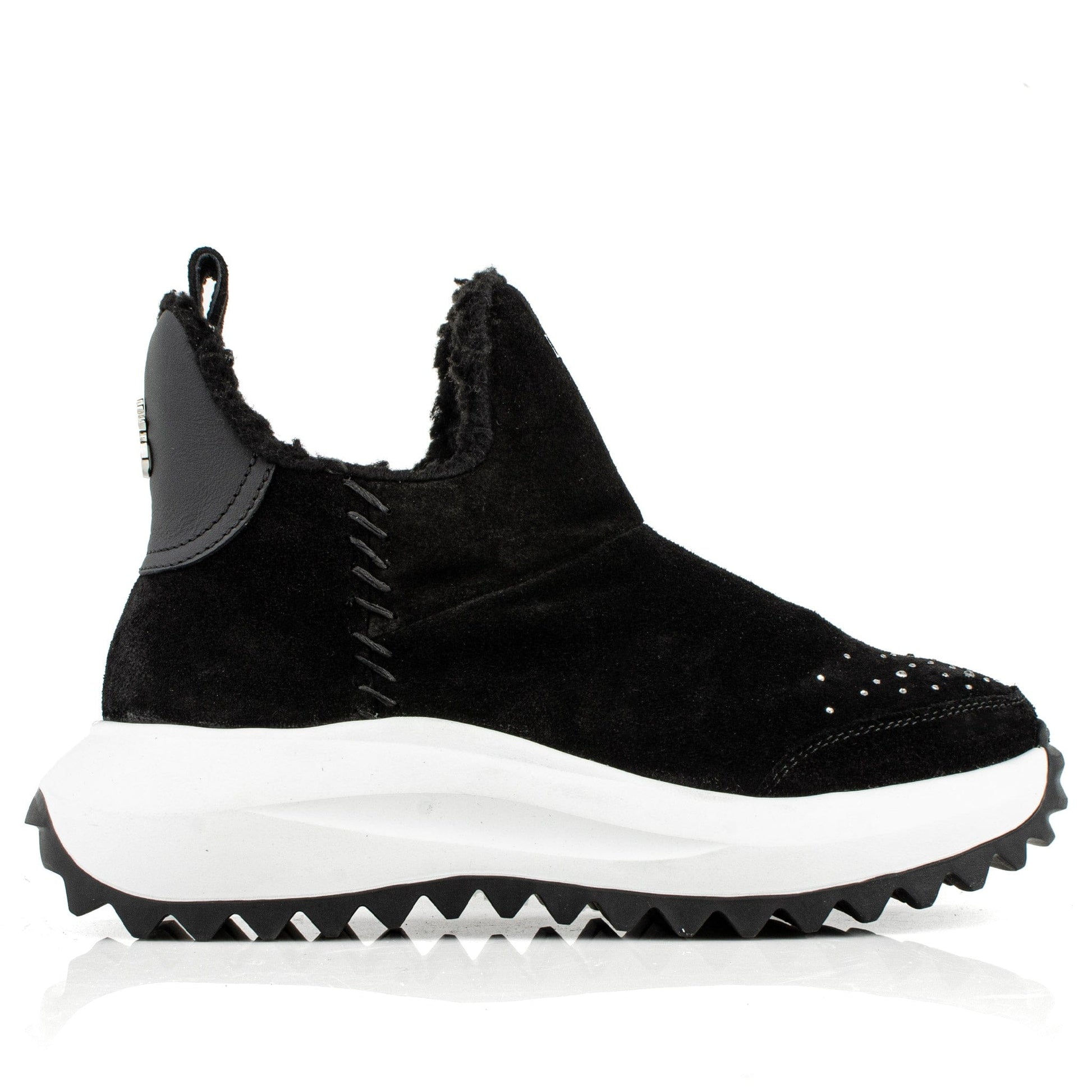 DARIS ДАМСКИ ОБУВКИ Дамски велурени боти в черно с вълнена подпалата и камъни I001