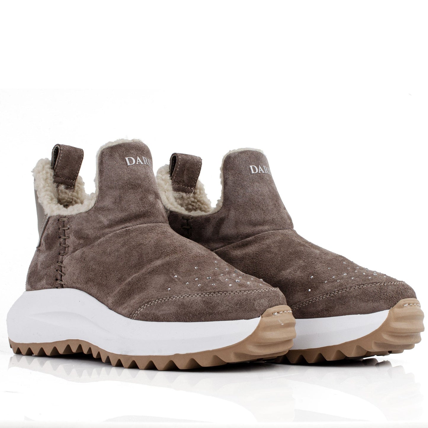 DARIS ДАМСКИ ОБУВКИ Дамски велурени боти в бежово с вълнена подпалата и камъни I001