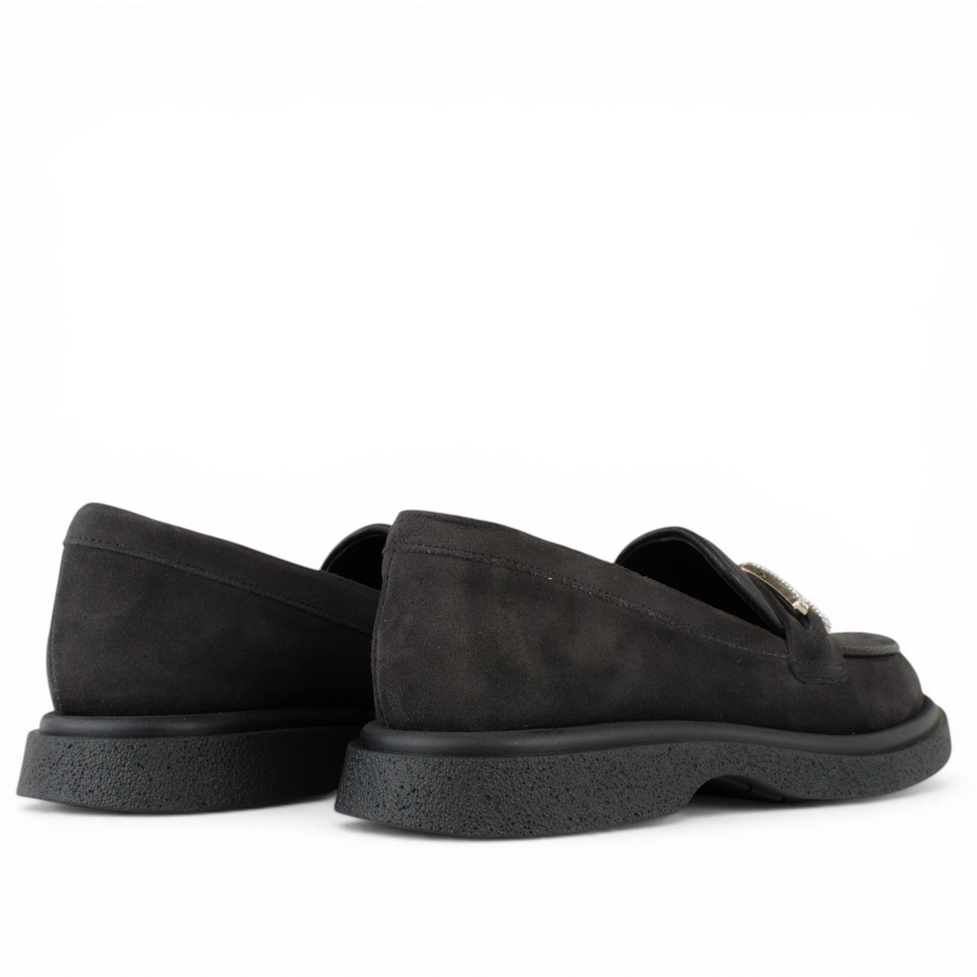 DARIS ДАМСКИ ОБУВКИ Дамски велурени мокасини в тъмносиво със златно украшение w522