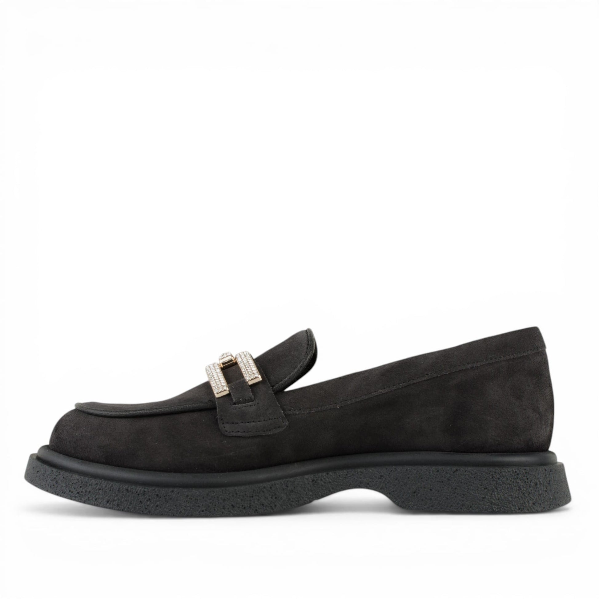 DARIS ДАМСКИ ОБУВКИ Дамски велурени мокасини в тъмносиво със златно украшение w522