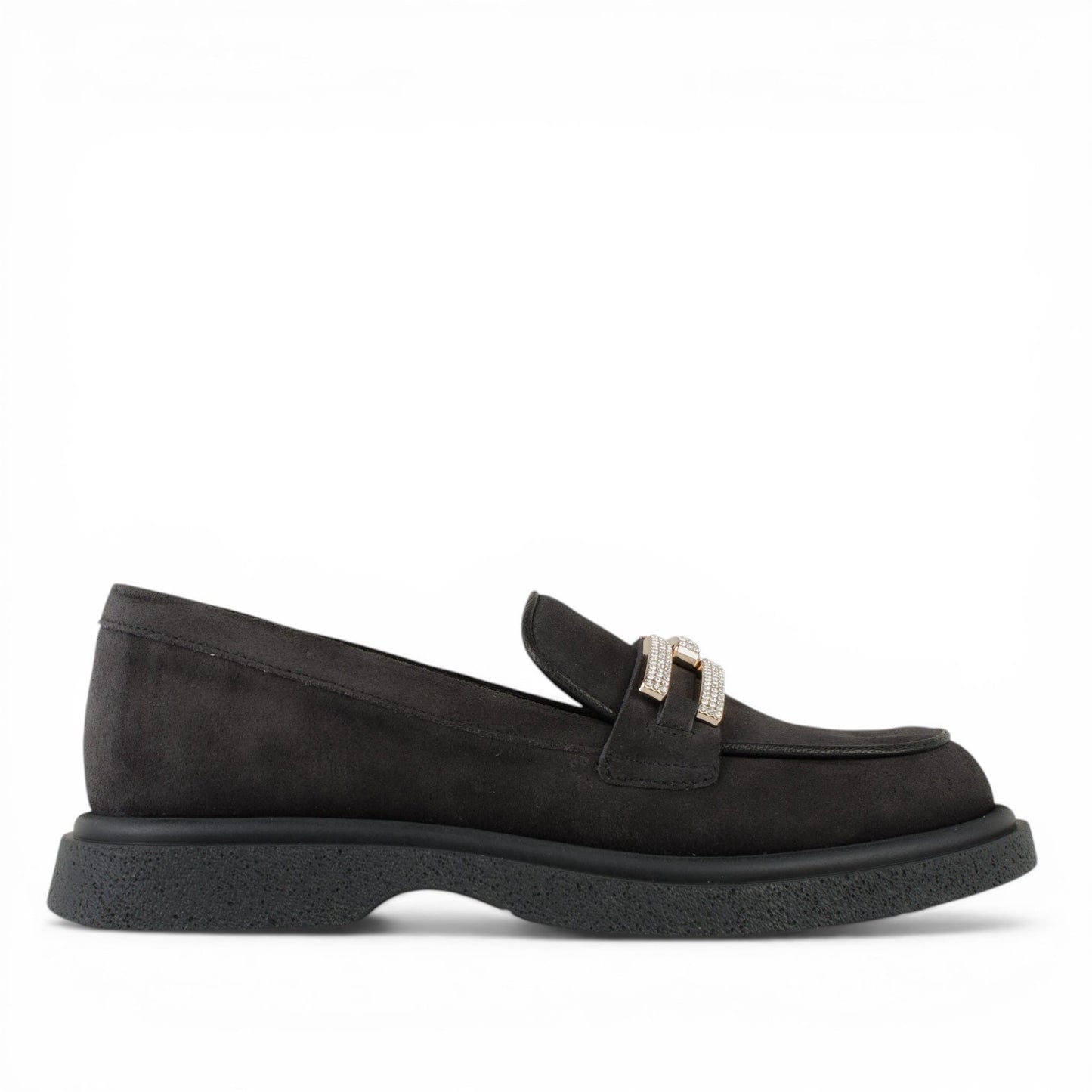 DARIS ДАМСКИ ОБУВКИ Дамски велурени мокасини в тъмносиво със златно украшение w522