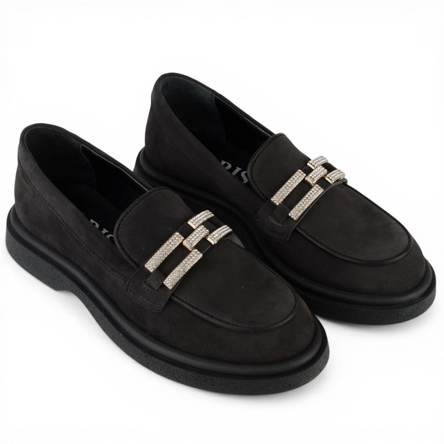 DARIS ДАМСКИ ОБУВКИ Дамски велурени мокасини в тъмносиво със златно украшение w522