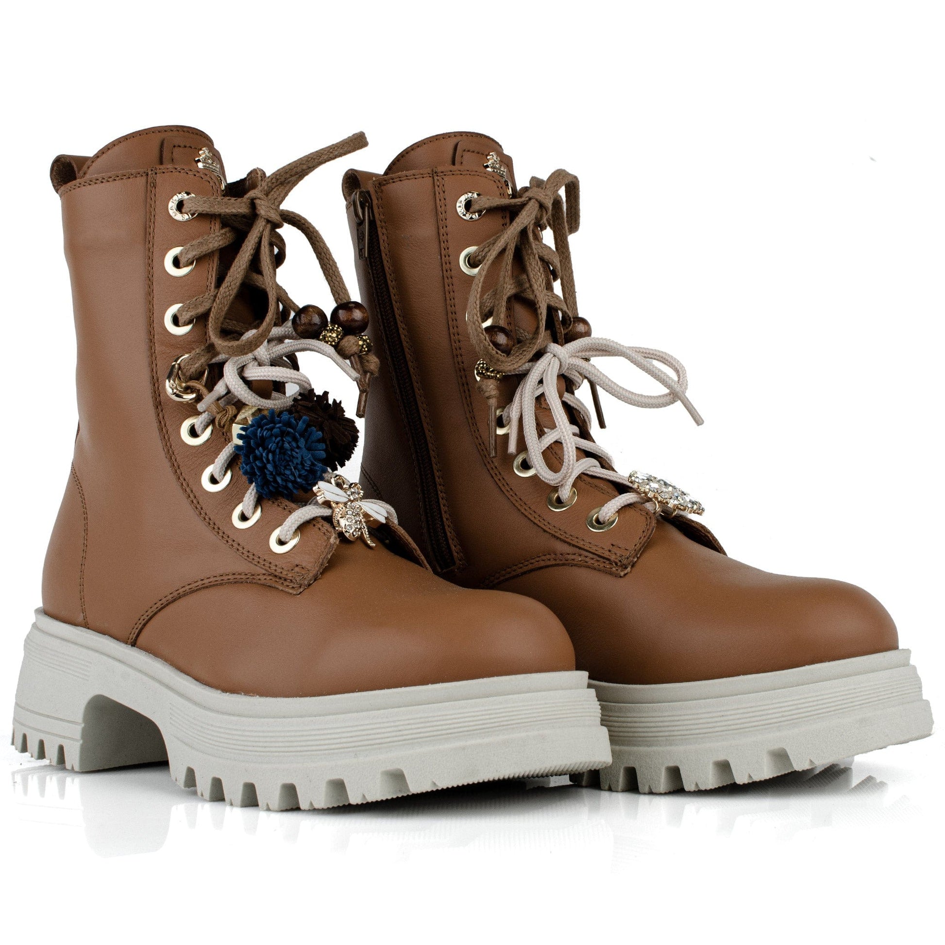 DARIS ДАМСКИ ОБУВКИ Дамски кожени боти в кафяво с цип и връзки w615