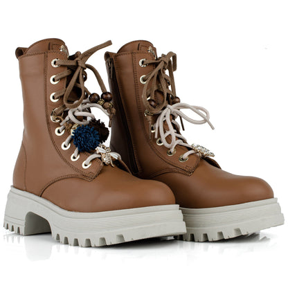 DARIS ДАМСКИ ОБУВКИ Дамски кожени боти в кафяво с цип и връзки w615