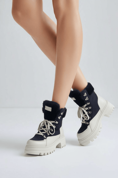 DARIS ДАМСКИ ОБУВКИ Дамски кожени боти с пух в бежово и тъмносиньо w624