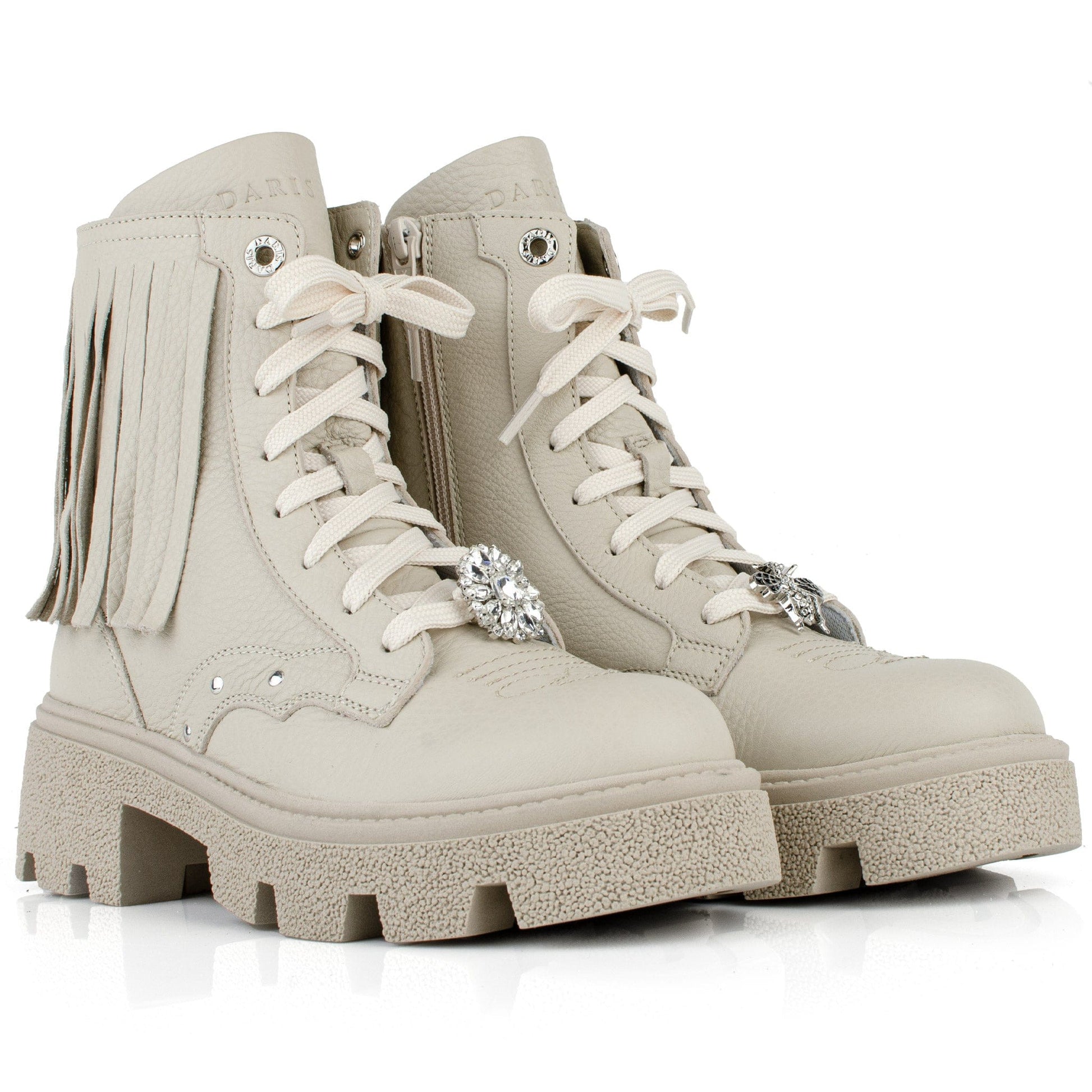 DARIS ДАМСКИ ОБУВКИ Дамски кожени боти в бежово с цип и връзки w628