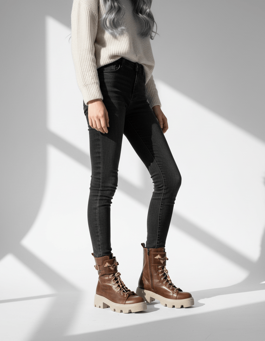 DARIS ДАМСКИ ОБУВКИ Дамски кожени боти в кафяво с цип и връзки w636