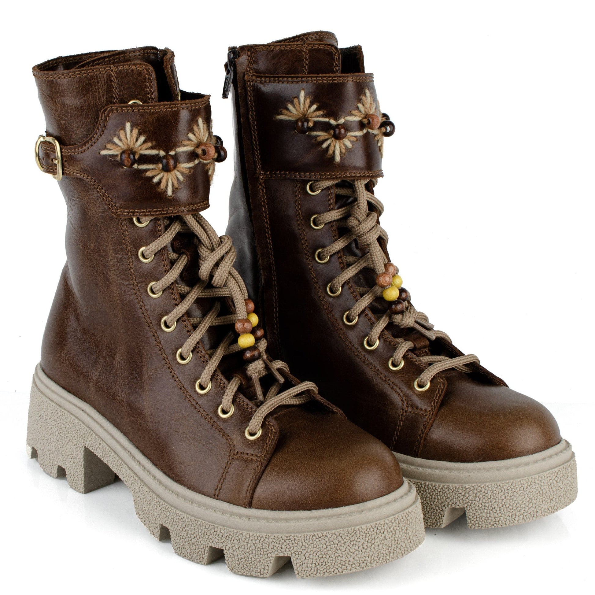 DARIS ДАМСКИ ОБУВКИ Дамски кожени боти в кафяво с цип и връзки w636