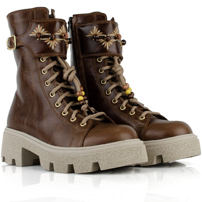 DARIS ДАМСКИ ОБУВКИ Дамски кожени боти в кафяво с цип и връзки w636