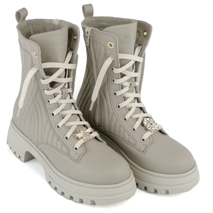 DARIS ДАМСКИ ОБУВКИ Дамски кожени боти с цип и връзки в бежово w638