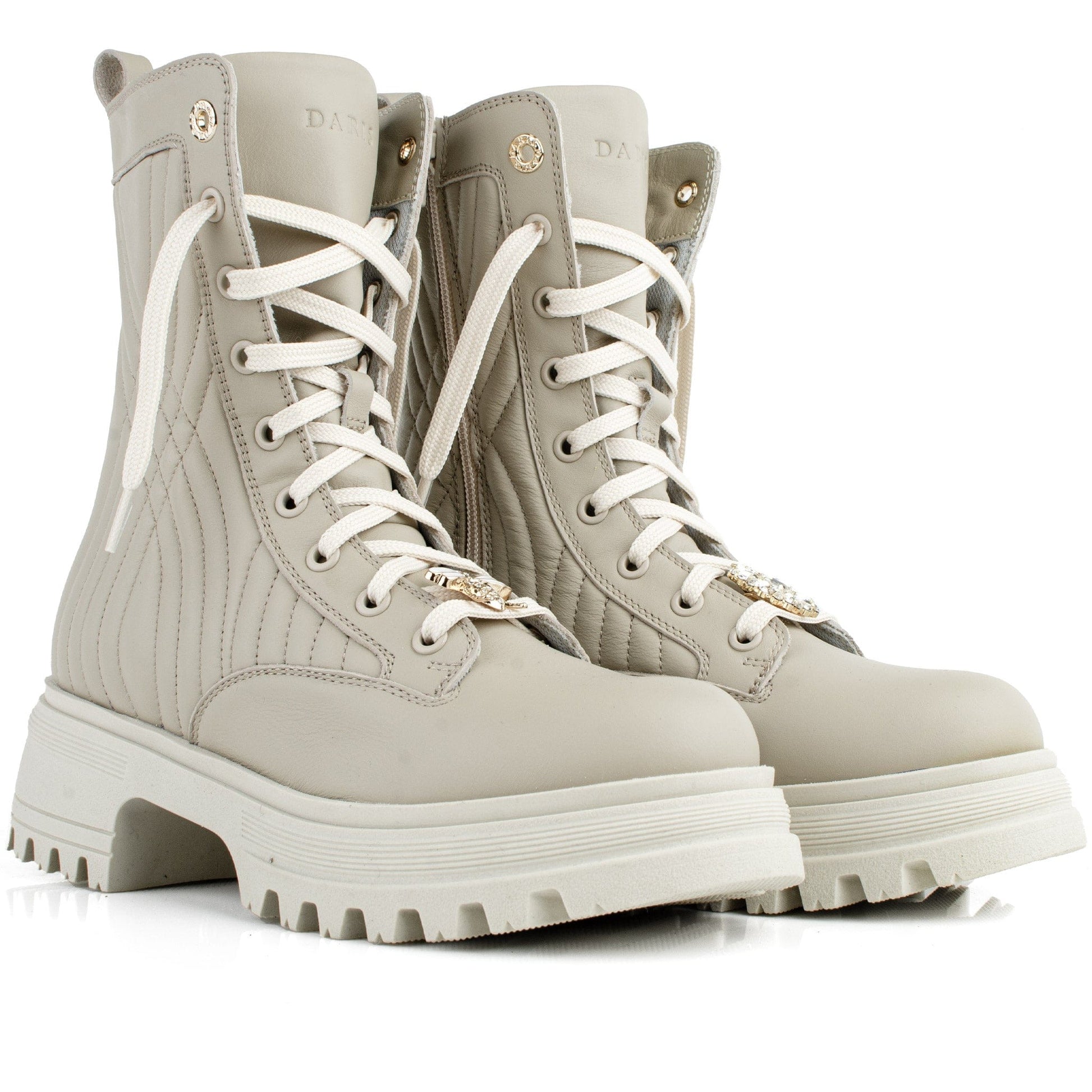 DARIS ДАМСКИ ОБУВКИ Дамски кожени боти с цип и връзки в бежово w638