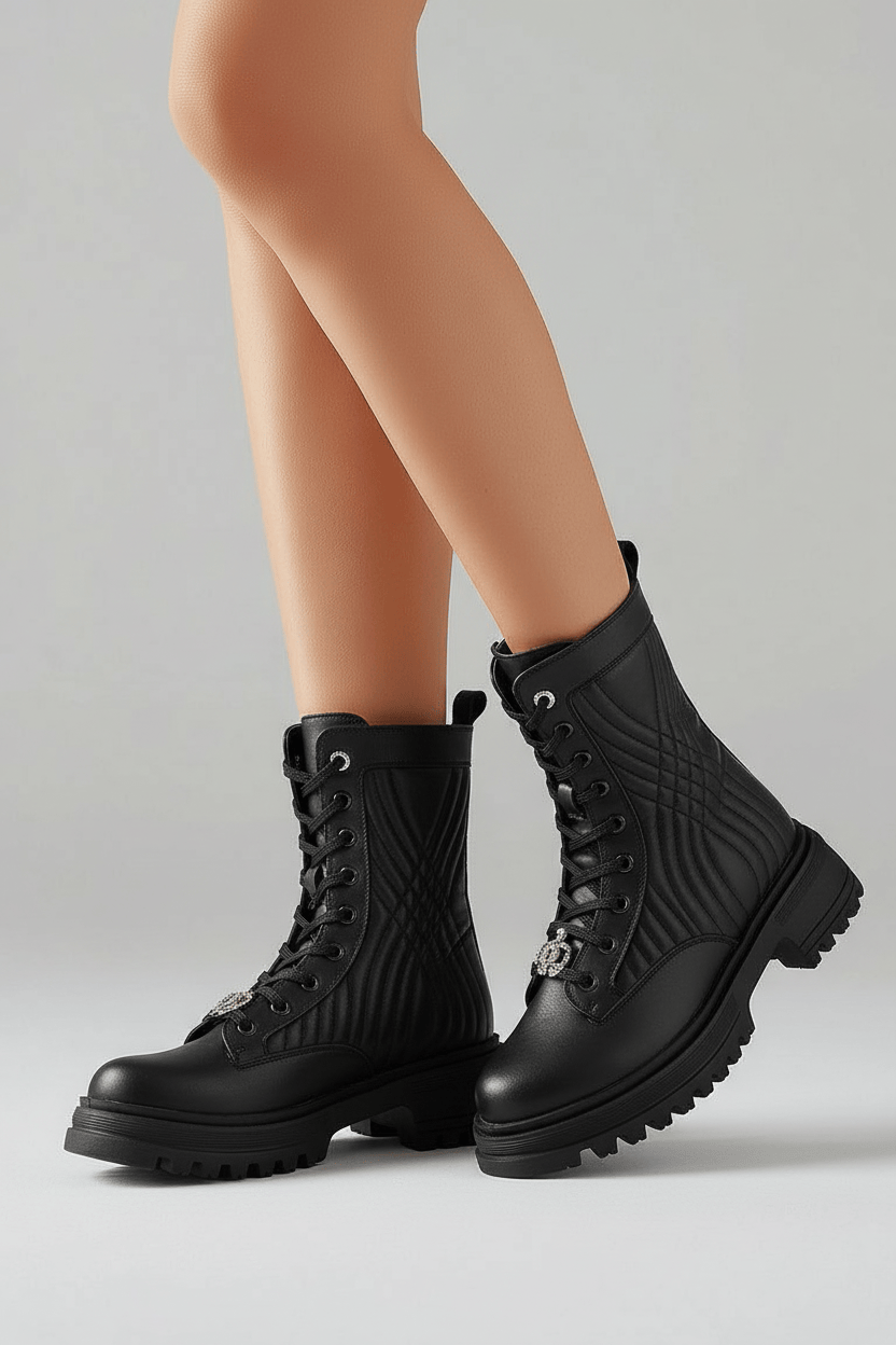 DARIS ДАМСКИ ОБУВКИ Дамски кожени боти с цип и връзки в черно w638