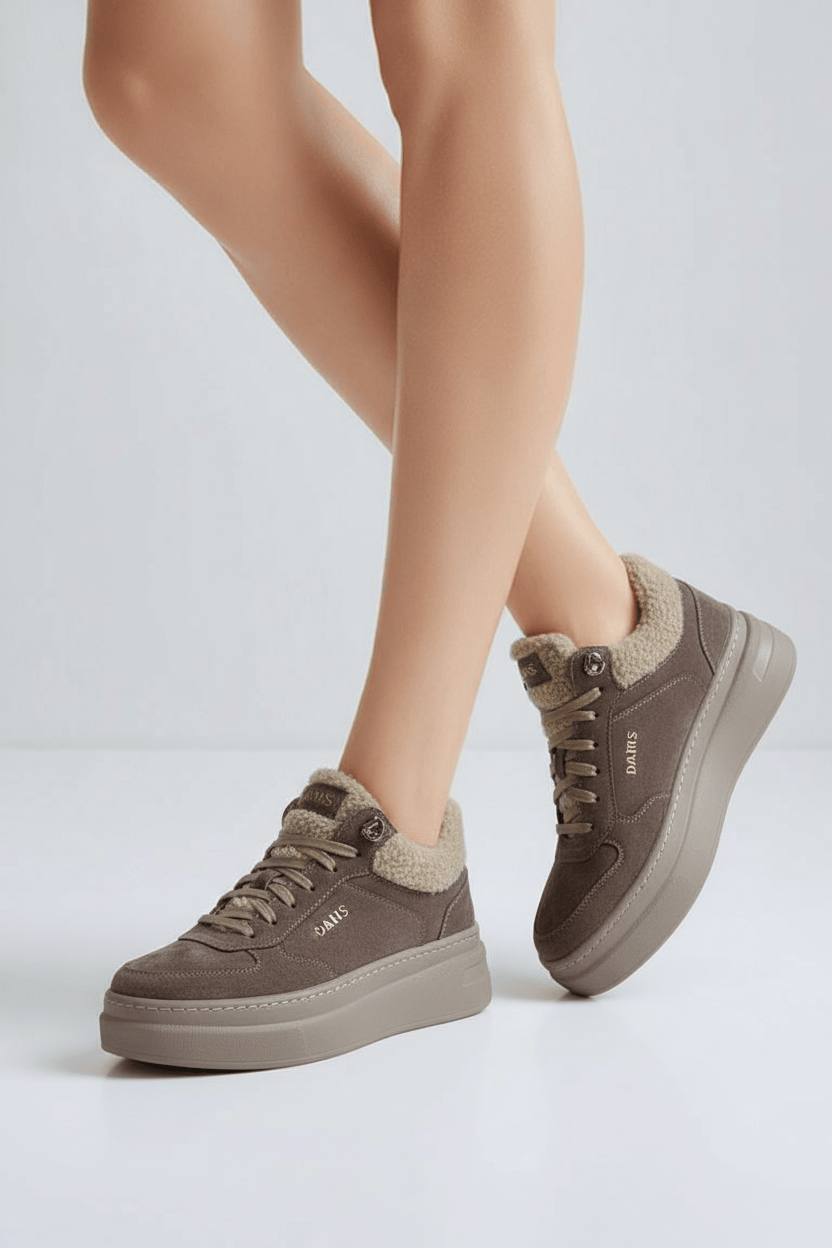 DARIS ДАМСКИ ОБУВКИ Дамски велурени сникърси с пух в тъмнобежово w641