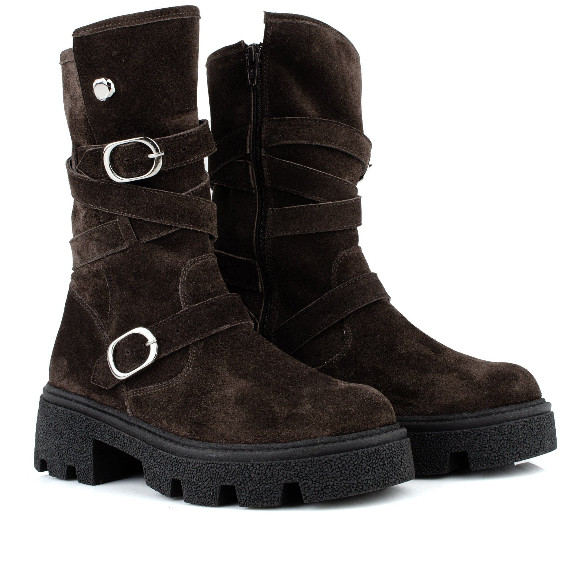 DARIS ДАМСКИ ОБУВКИ Дамски велурени боти с цип в тъмнокафяв цвят w651