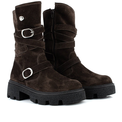 DARIS ДАМСКИ ОБУВКИ Дамски велурени боти с цип в тъмнокафяв цвят w651