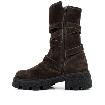 DARIS ДАМСКИ ОБУВКИ Дамски велурени боти с цип в тъмнокафяв цвят w651