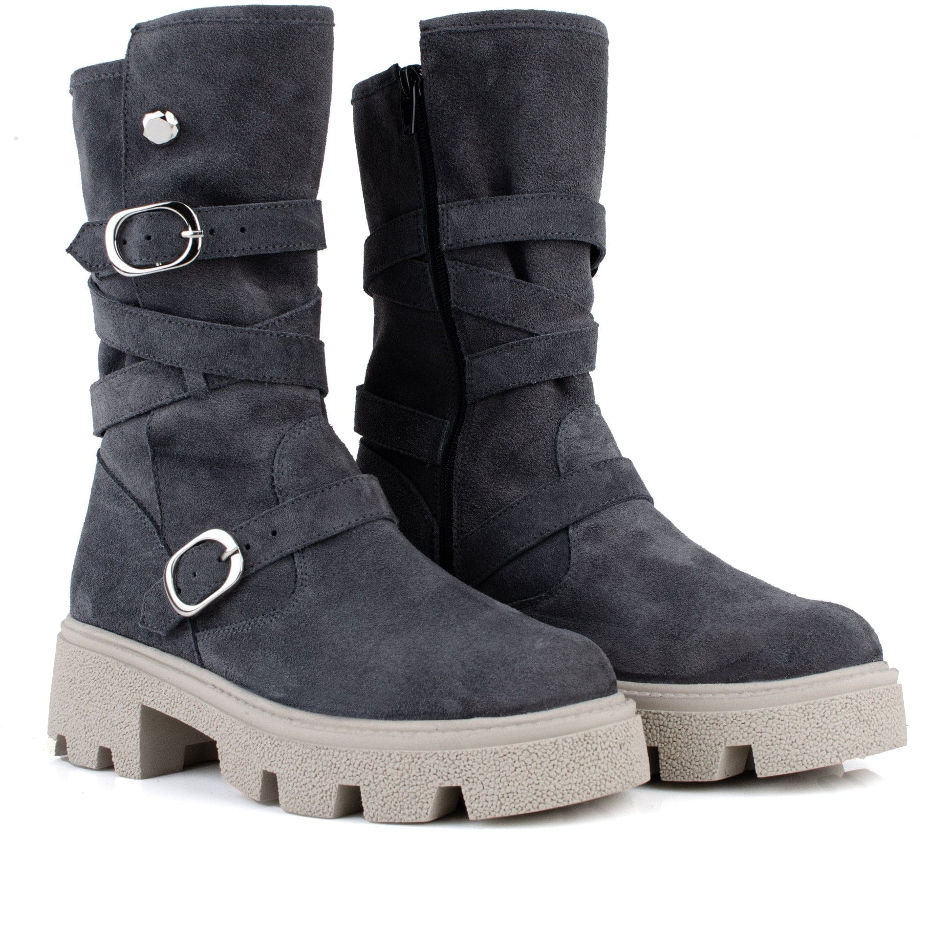 DARIS ДАМСКИ ОБУВКИ Дамски велурени боти с цип в сивосин цвят w651