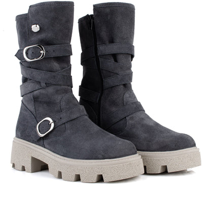 DARIS ДАМСКИ ОБУВКИ Дамски велурени боти с цип в сивосин цвят w651
