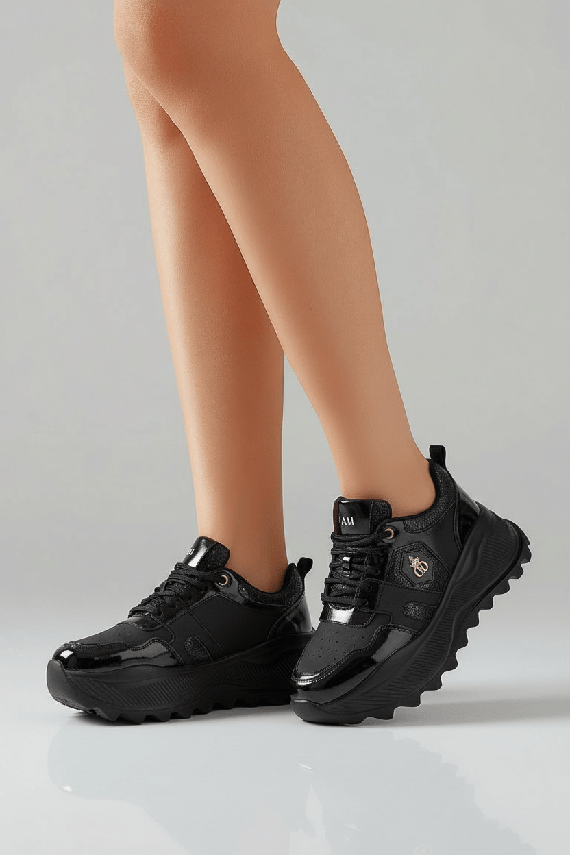 DARIS ДАМСКИ ОБУВКИ Дамски кожени сникърси в черно с платформа w652