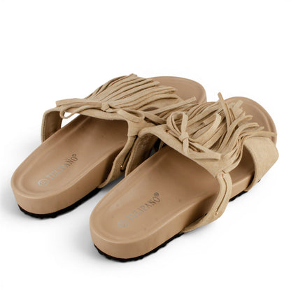 TULIPANO ДАМСКИ ОБУВКИ Дамски сандали от еко велур в бежово с ресни BEIGE-03
